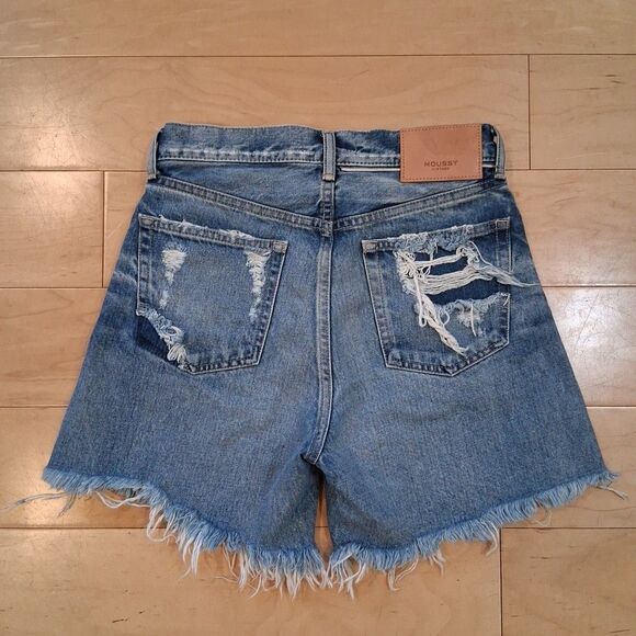 MOUSSY VINTAGE High Rise Denim Shorts Button Fly Raw Hem Distressed Size 24"x5" - Picture 4 of 9